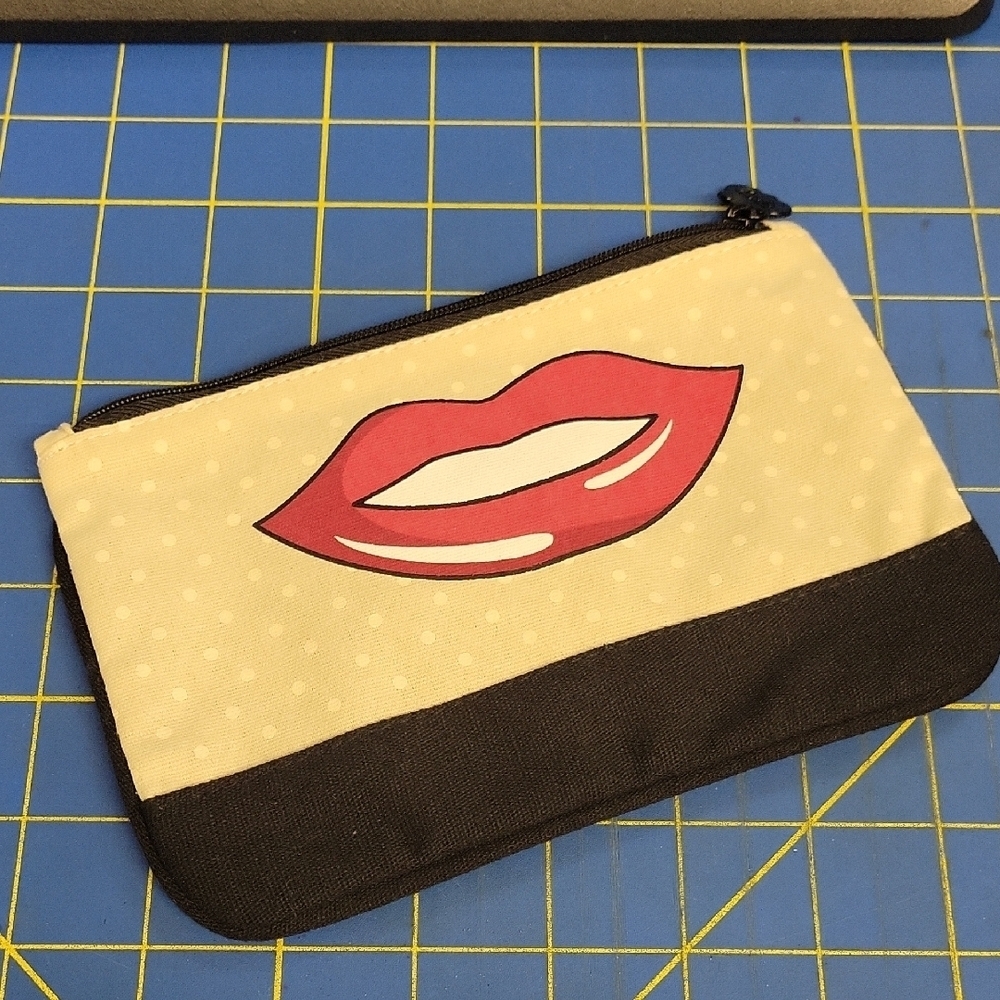 Lip Mouth Black & Cream Polkla Dot Design Pouch 7" x  5"